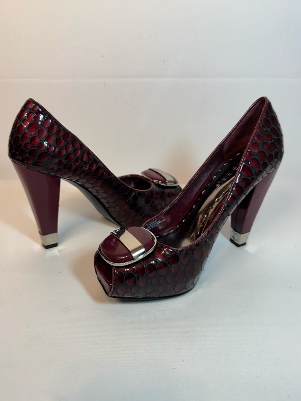 BCBGirls Morgan Burgundy Reptile Leather Peep Toe Platform Pumps 6.5